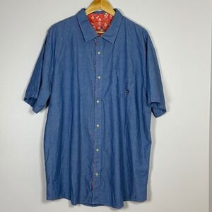 Disney Parks Mens Button Up Shirt XXL Blue Mickey Embroidered Tropical Contrast